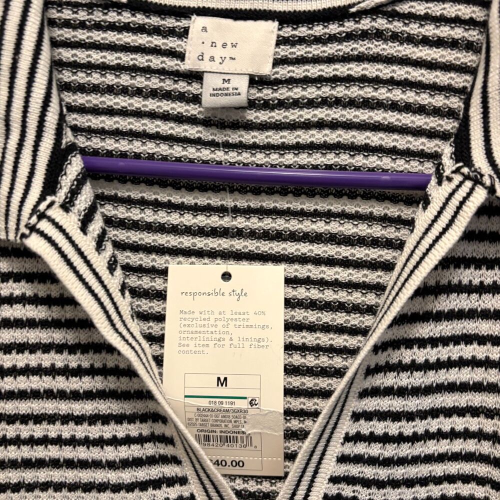 A New Day Black White Striped Maxi Dress Collared V Neck Long Sleeve Lined Sz M - Picture 5 of 9